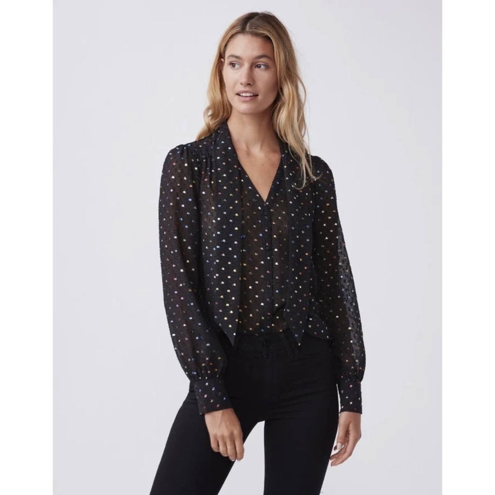NWT!! PAIGE Cleobelle Black Metallic Tie Neck Top Blouse‎ Rainbow Clip Dot XS